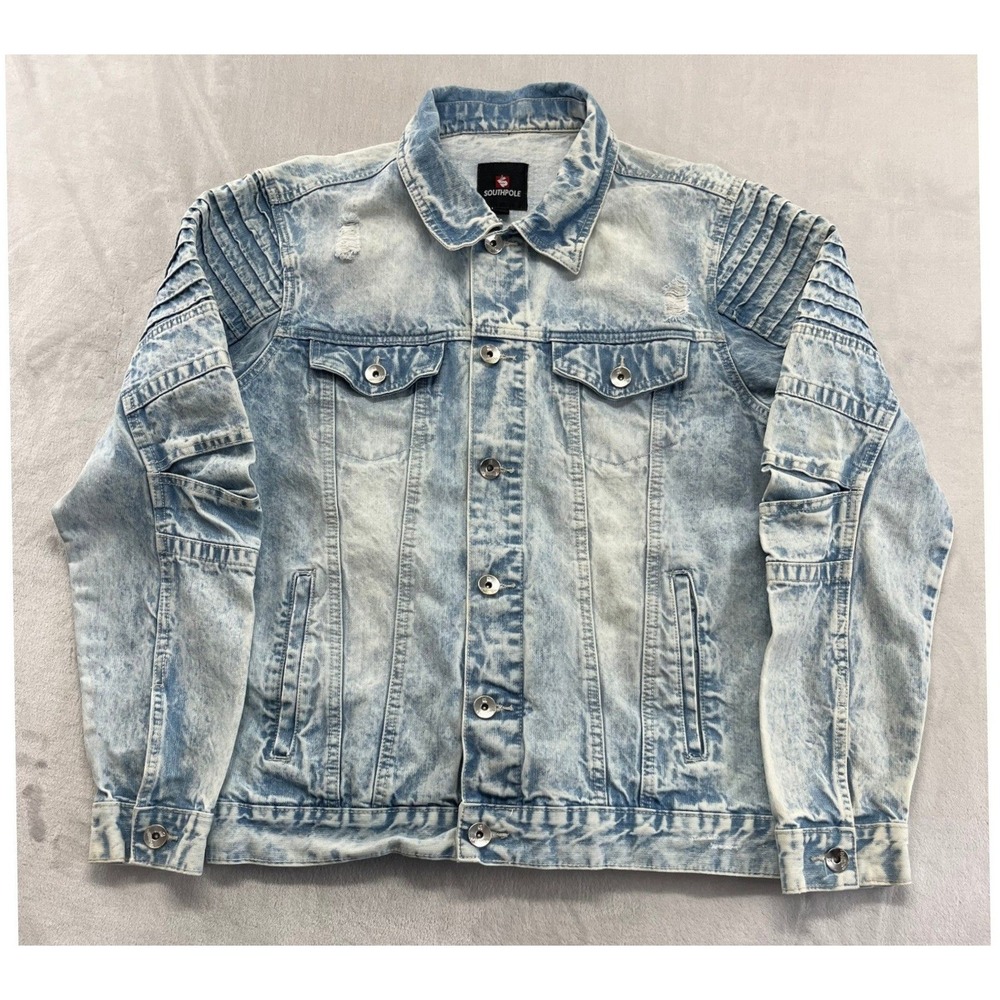 Vtg Southpole Denim Jacket Men Large Blue Acid Wash Moto Ribbed Distressed 90's